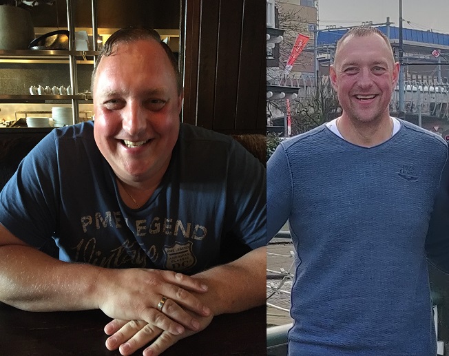 Foto die laat zien hoe Leon eruit zag voor gewichtsverlies en erna.