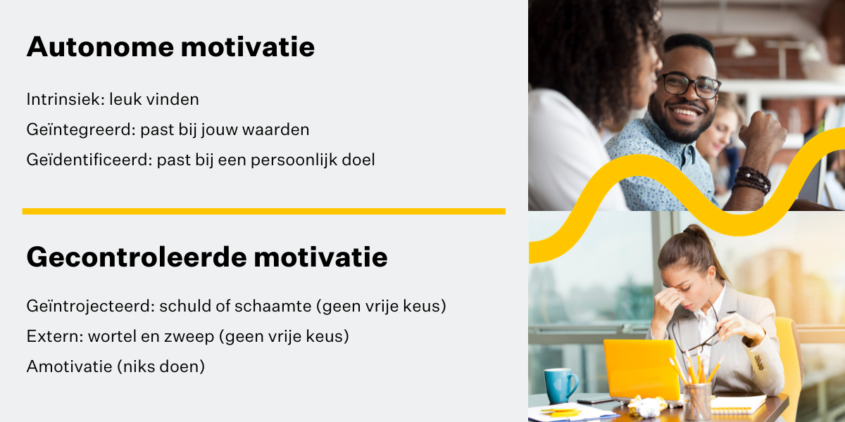 We onderscheiden twee vormen van motivatie: autonome motivatie en gecontroleerde motivatie.